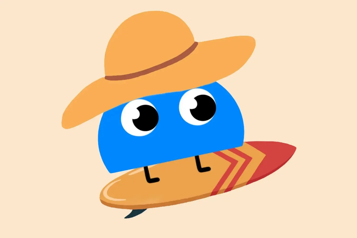 A cute, round, blue character with large eyes and a big straw hat is balancing on a surfboard with a chevron pattern on a beige background.