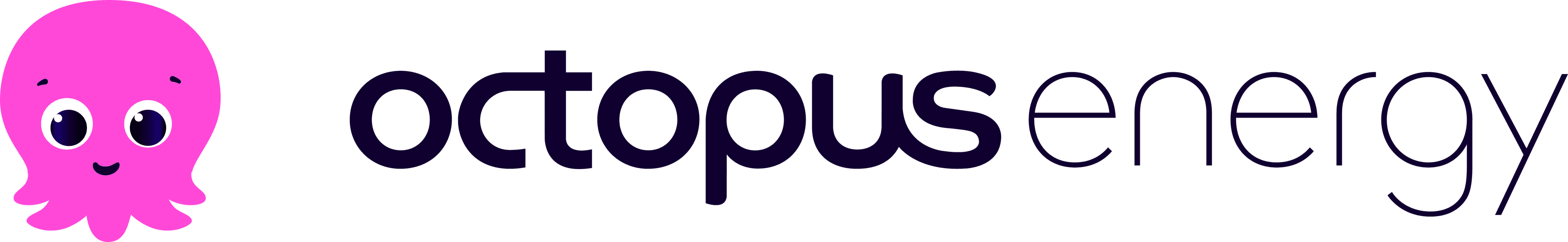 'octopus energy' in navy blue text with a bright pink cartoon octopus on the left