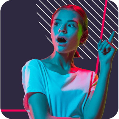 A person in a white shirt under colorful lighting, looking surprised, with geometric lines in the background.